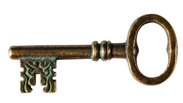 Antique brass skeleton key with ornate bit and verdigris patina