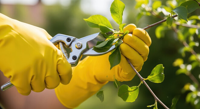 Gardener using pruning shears to trim branches with yellow gloves  