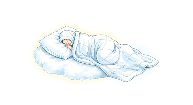 Peaceful woman sleeping on a cloud with soft white blanket and pillow illustration for deep rest