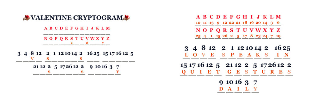 Valentine cryptogram with letters and numbers on white background  