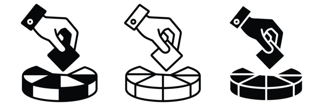 Three black and white icons depicting hands casting votes into ballot boxes for election or survey concept