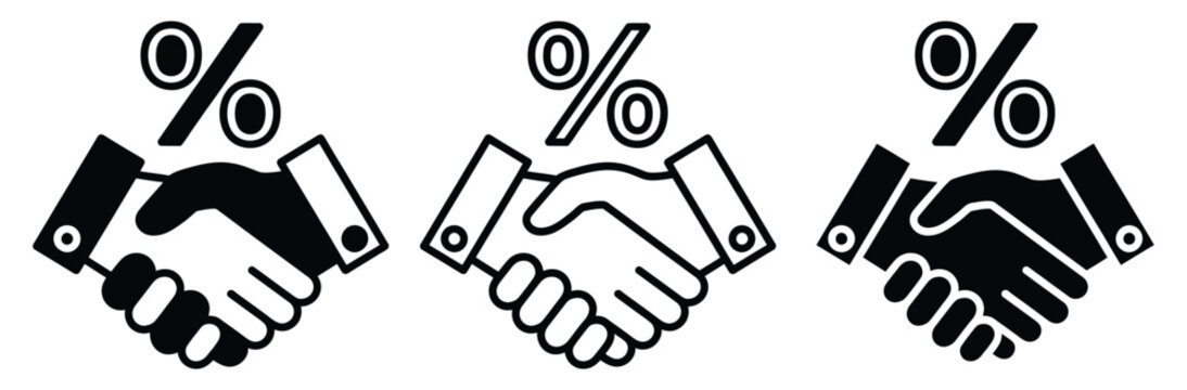 Black and white icons of handshake with percent sign for business agreement, Partnership, Discount, Or sale concept, Isolated on white background for versatile use