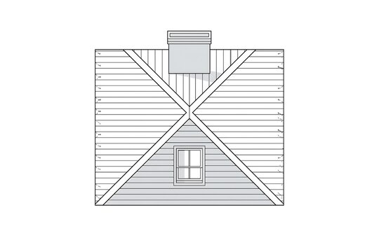 Black and white roof plan of a house, roof slopes, ridge lines, valleys, drainage arrows, chimney symbol, construction document style