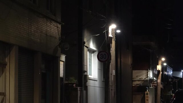Quiet and gloomy backroad in an old neighborhood with a dim streetlamp and electric poles
