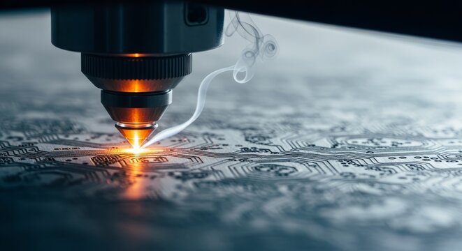 Precision laser engraving intricate circuit board design, high-tech manufacturing process