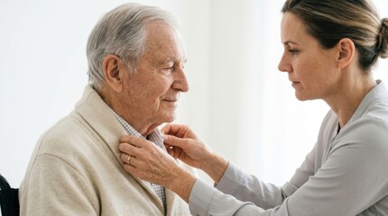 Obraz premium A professional caregiver assisting an elderly person with clothing, representing dedicated senior care, support, and companionship in a comfortable setting.