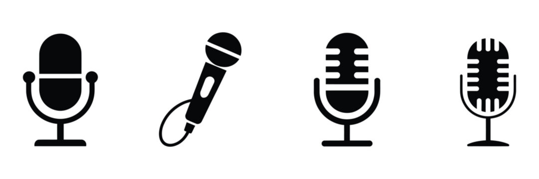 Microphone Icon Set, variant microphone symbols including karaoke mic and podcast microphone, web and mobile interface vector illustration for audio communication and media design.