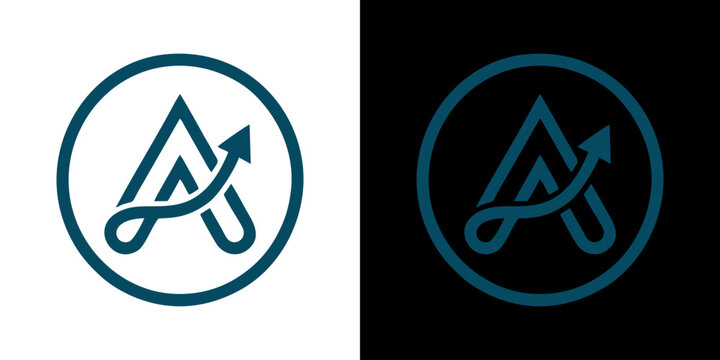 Sleek and modern letter A monogram logo design featuring an integrated upward arrow, symbolizing growth, progress, and ambition for various corporate and startup branding initiatives