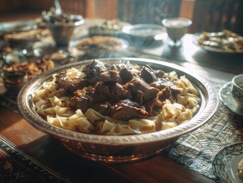 Festive Kazakh Et Dish with Boiled Meat and Flat Noodles Served on Traditional Dastarkhan