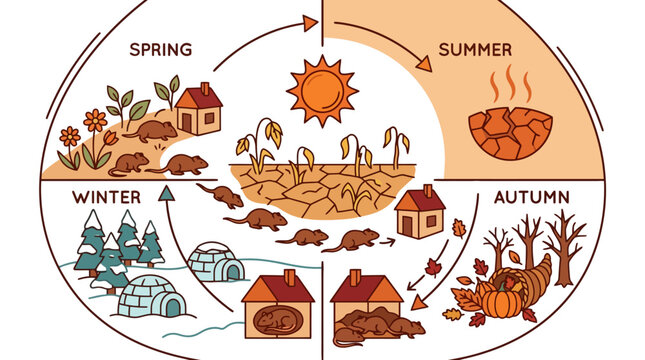 Seasonal cycle illustration depicting animal hibernation and behavior changes. EPS Editable. Vector Illustrations.