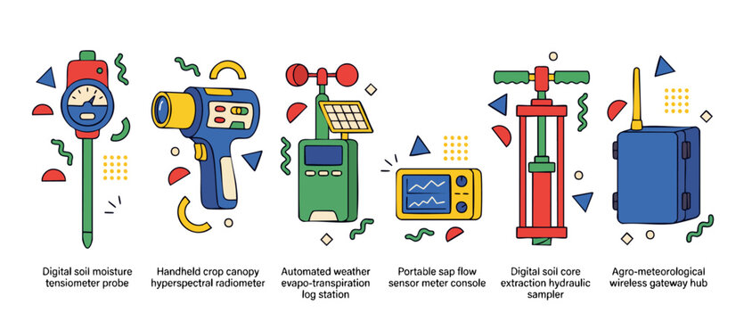 Smart Farming Technology Icons Set: Soil Moisture Probes, Crop Hyperspectral Radiometers, Weather Stations, Sap Flow Sensors, Core Samplers, and Wireless IoT Gateways for Precision Agriculture Analyti