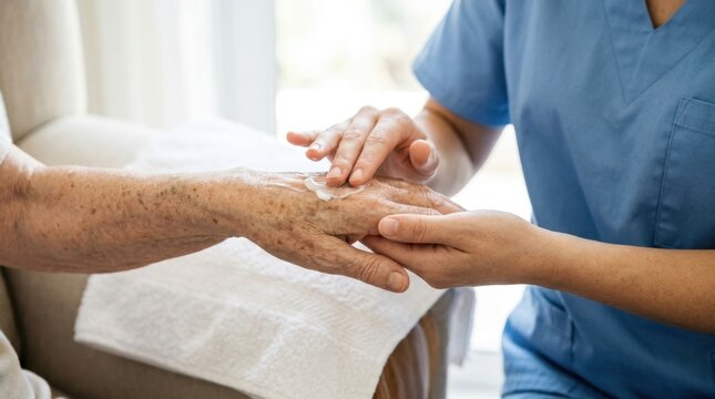 A compassionate caregiver gently applying moisturizer to the hands of an elderly person, focusing on skincare, comfort, and providing attentive support in a home environment.