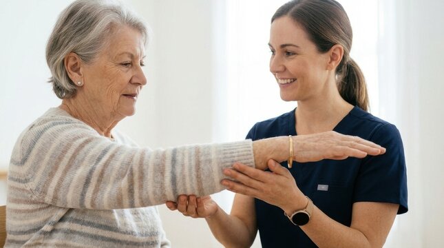A professional caregiver smiling while guiding the extended arm of a seated person during a session of physical therapy or movement rehabilitation.