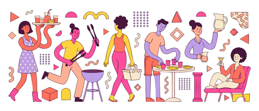People having outdoor barbecue party, flat design illustration of group friends gathering, cooking at grill, serving drinks and picnic food, modern Memphis style decorative elements, summer celebratio