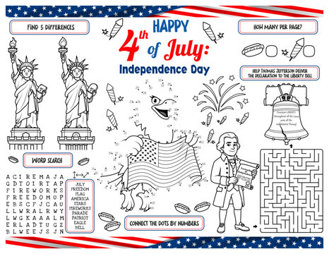 US Independence Day 4th of July educational activity worksheet for kids. Coloring page with American flag eagle connect the dots, Thomas Jefferson maze, find differences and word search game