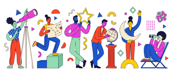 Fototapeta premium Astronomy and space exploration research team, flat vector illustration. Diverse people studying constellations, galaxy, stars and planets using telescopes, globes and charts in a fun modern style.
