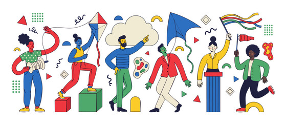 Fototapeta premium Diverse people group flat illustration, creative team activities, kites and colorful geometric shapes, business collaboration, playful teamwork, community connection, modern abstract graphic art set d