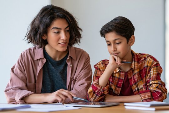 Teen tutor guiding boy using tablet at study table