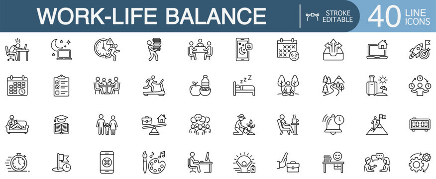 Work life balance editable stroke line vector icon set featuring burnout prevention, time management, and mental health wellness concepts.