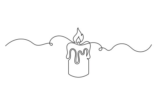 Melting candle with flame drawn in single line minimalist vector illustration for holiday card