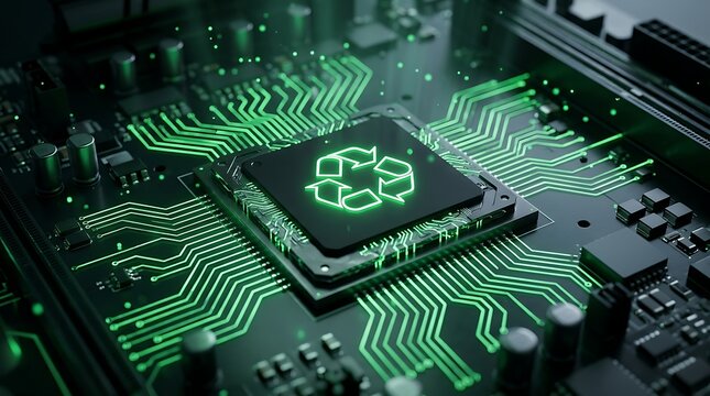 Green Glowing Recycle Symbol on Computer Microchip Representing Sustainable Technology and E-Waste Management