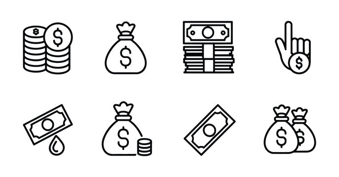Money Dollar Icon Line Set, financial bank savings symbols including cash billfold, dollar bag and coin stack outline vector illustration for modern finance design.