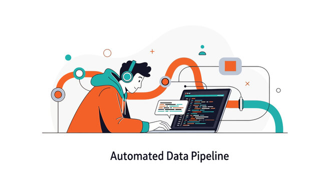 Developer working on automated data pipeline with colorful pipes and laptop