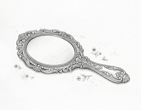 Ornate hand mirror pencil sketch with decorative floral frame on a white background