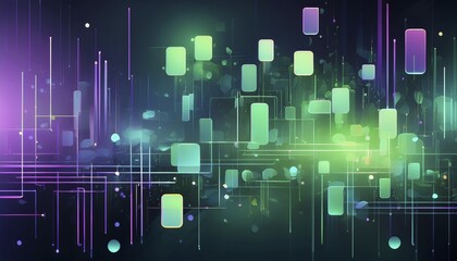 Obraz premium Abstract composition features floating rectangles and fading dots in a green and purple gradient, modern wallpaper background, AI generated