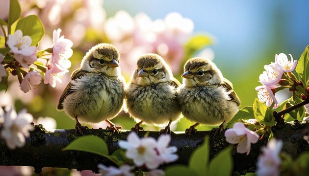 Small funny Sparrow Chicks sit in the garden surrounded by pink Apple blossoms on a Sunny may day, AI generated