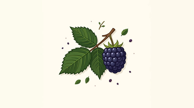 Detailed Hand Drawn Illustration of a Single Ripe Blackberry with Leaves.