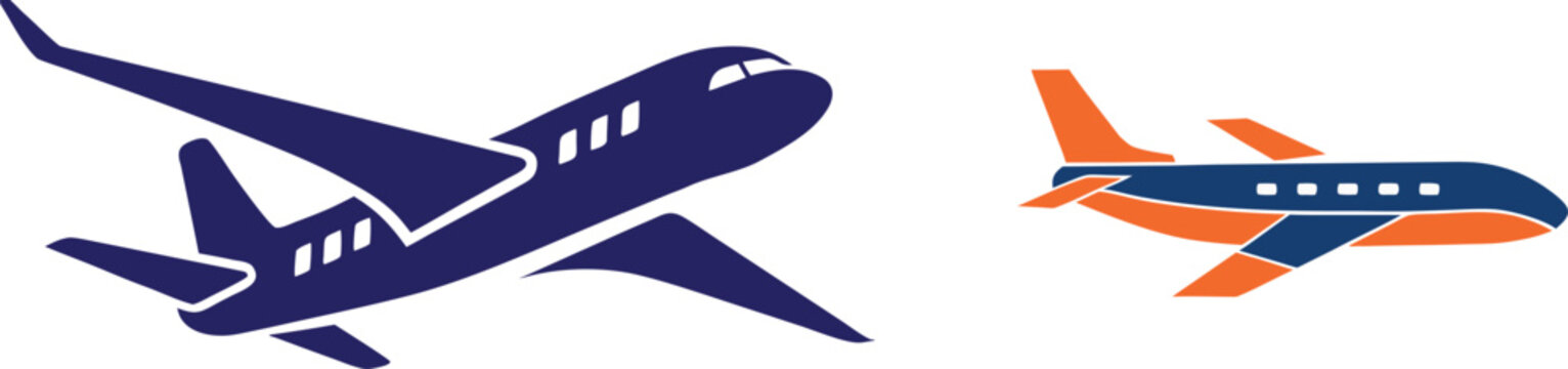 Two airplane silhouettes in blue and orange colors flying against a checkered background, symbolizing travel and adventure.