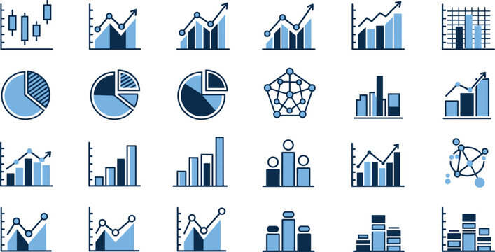 Business infographic financial chart icon set with blue data graphs analytics diagram elements for corporate presentation design