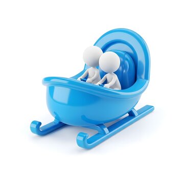 Two people riding in a blue winter bobsled