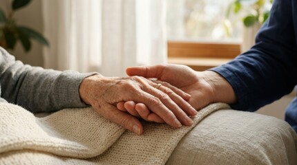 Naklejka na ściany i meble A compassionate caregiver holding the hand of an elderly person, capturing a moment of comfort, warmth, human connection, and dedicated emotional support.