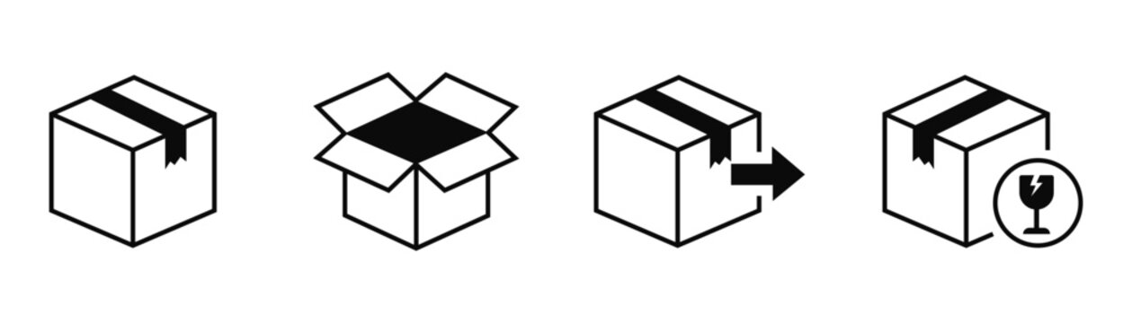 Cardboard box icon set for logistics and shipping services including closed open fragile and outgoing parcel symbols for delivery industry design.