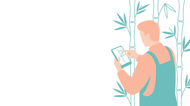 Man in overalls using a mobile phone in front of a bamboo forest illustration, digital farming and agriculture technology concept