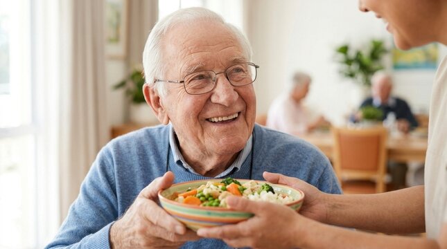 A happy person receiving a healthy meal served by a caregiver, highlighting nutrition, attentive support, and the importance of dining care in a comfortable environment.