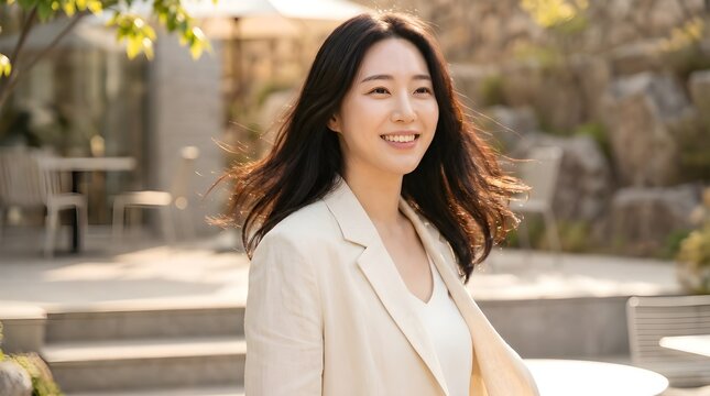 Beautiful model presents a serene wellness concept outdoors in a natural setting with a gentle smile and stylish beige blazer on a sunny day.