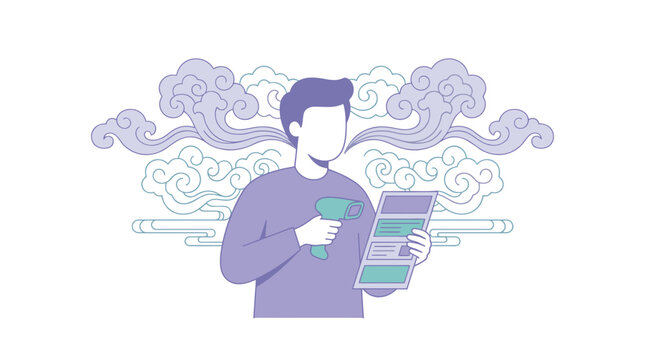 Man using barcode scanner on tablet, data entry and inventory management, cloud technology and digital transformation, purple and teal illustration