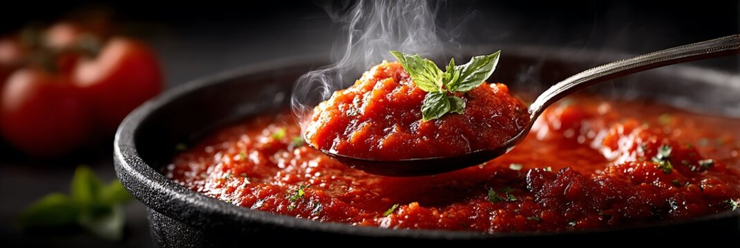 Homemade tomato sauce simmering in rustic pan with steam rising and fresh basil garnish on dark kitchen surface with ripe tomatoes in blurred environment for cooking