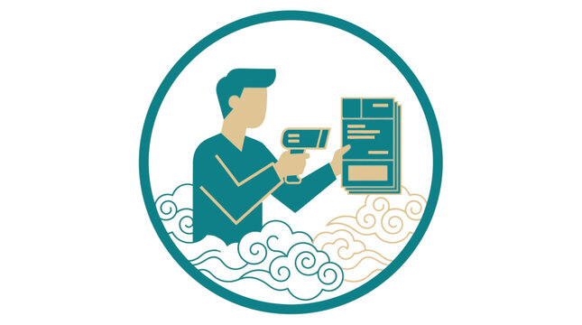 Man with scanner reading barcode on document, digital processing, data capture, automation, modern office workflow, information technology concept