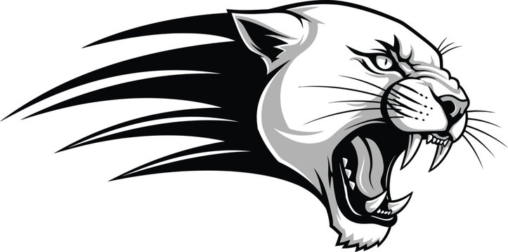 Furious wild cat head with open mouth and sharp teeth snarling  aggressive animal face