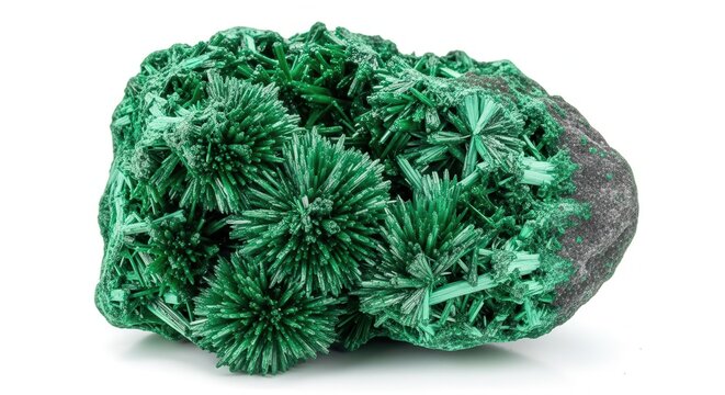 Natural Green Malachite Mineral Specimen with Fibrous Acicular Crystal Structure Isolated on White Background