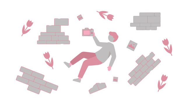 Pixelated man falling among geometric shapes and tulips, conceptual illustration of surrealism or digital art
