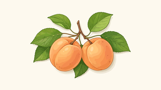 Two ripe apricots with green leaves on a stem.