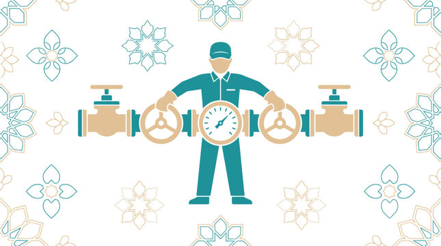 Vector pixel art of a plumber holding valves and pressure gauge, surrounded by decorative patterned borders, representing industry and utility services