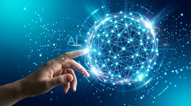 Human hand touching a glowing blue digital sphere network with binary code background and AI text overlay representing artificial intelligence.