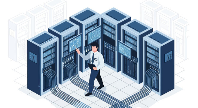 Data Center Technician Working with Server Racks and Network Cables - Isometric Illustration