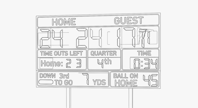 American Football Scoreboard Sketch - Tied Game, 4th Quarter